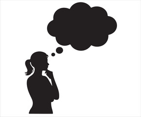 Silhouette of woman in side profile thinking with finger on chin and large thought bubble above head, creative brainstorming, imagination, idea generation, decision making, psychology, inspiration, or