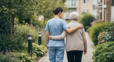 Nurse walking with elderly woman outdoors, symbol of trust and care for healthcare marketing, retirement living brochures, senior care services, health insurance ads, assisted living promotions