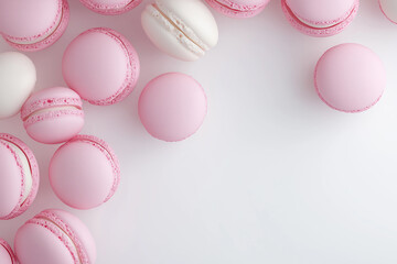 Obraz premium Pink and white macarons on a white background: delicious dessert treat with pastel color elegance