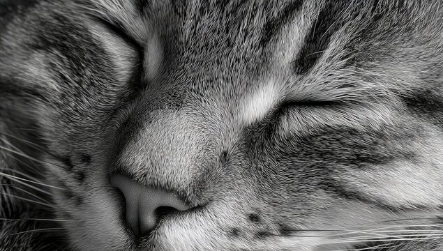 Close-up black and white photo of a sleeping tabby cat's face.  The focus is on the soft fur and delicate features of the nose and eyes.  A peaceful, tranquil scene
