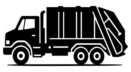 Black and white illustration of a large garbage truck icon in a minimalist style on a white isolated background. Vector graphics. EPS.