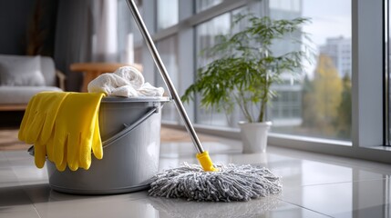 Cleaning supplies are ready for a thorough house cleaning in a modern indoor space with large windows