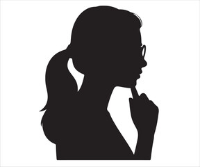 Silhouette of thoughtful woman in glasses touching chin with finger, side profile portrait, young female contemplating idea, decision making, brainstorming, inspiration, focus, psychology, or reflecti © MDToufik