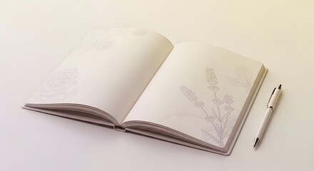 Open notebook with floral design and white pen on beige background