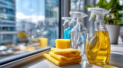 Cleaning supplies arranged neatly on a windowsill overlooking a bright, sunny day in the city