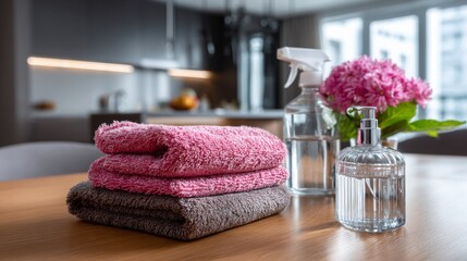 Soft towels and cleaning supplies arranged on a wooden table in a modern kitchen with floral decoration