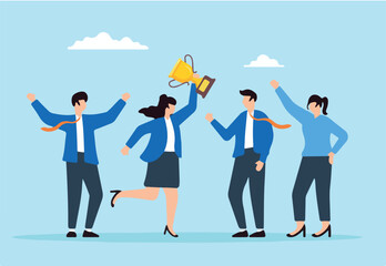 Flat illustration of businesswoman hold winning trophy with team celebrating symbolizing leadership and team success