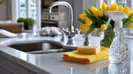 Bright kitchen countertop with yellow tulips, cleaning supplies, and a soap bar creating a fresh ambiance in a modern home
