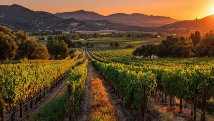 Golden vineyard rows stretch towards a breathtaking sunset over rolling hills. Lush green vines, illuminated by warm light, extend into the distance