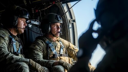 Two soldiers flying in an open military helicopter, one man pointing outside, on a clear day, military operation footage. - Powered by Adobe