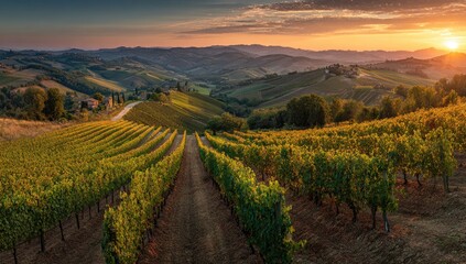 Fototapeta premium Panoramic vineyard landscape at sunrise. Rolling hills, rows of vines, golden light