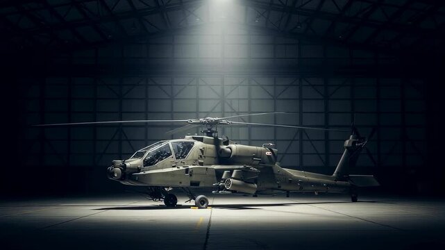 Military attack helicopter in hangar with rotor blades slowly spinning, spotlight illuminating the powerful aircraft, a ready combat vehicle footage.