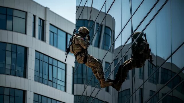 Soldier in camouflage rappelling down a modern building during a military operation or training, urban warfare footage