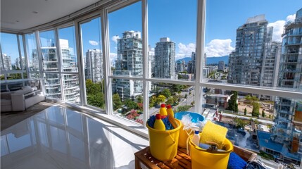 Cleaning supplies ready near a large window with a stunning view of Vancouver cityscape