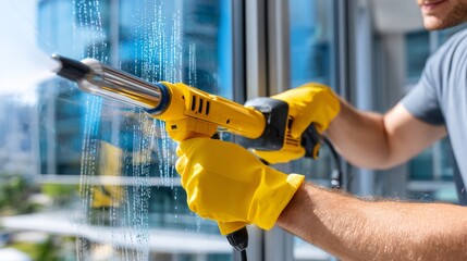 Cleaning windows with a squeegee tool in a modern high-rise building during a sunny day