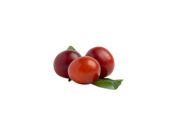 Three red plums front view, PNG, isolated on transparent Background