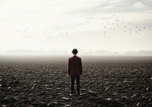 Man in red blazer observes vast, misty landscape.