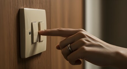 Hand turning on light switch, close-up, everyday action and home interior detail clearly shown.