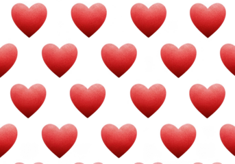 Seamless pattern of red hearts isolated on a transparent background, symbolizing love and affection, perfect for romantic themes and designs