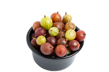 Gooseberries in black bowl, top view, PNG, isolated on transparent Background