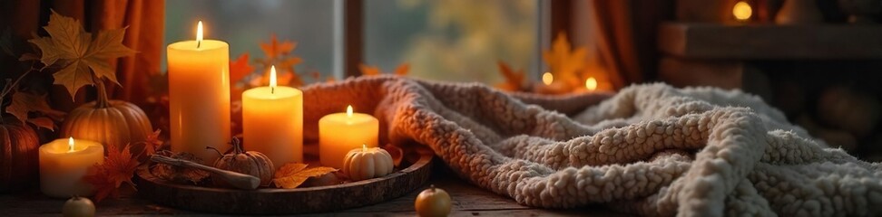 Cozy autumn evening scene with flickering candlelight, warm blankets, and rustic decor Perfect for fall, Thanksgiving, and hygge themes , home decor, brown, orange