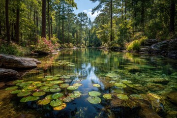 Fototapeta premium and keyword list based on the image you providedLake reflecting forest trees in a park with lily pads and clear water.