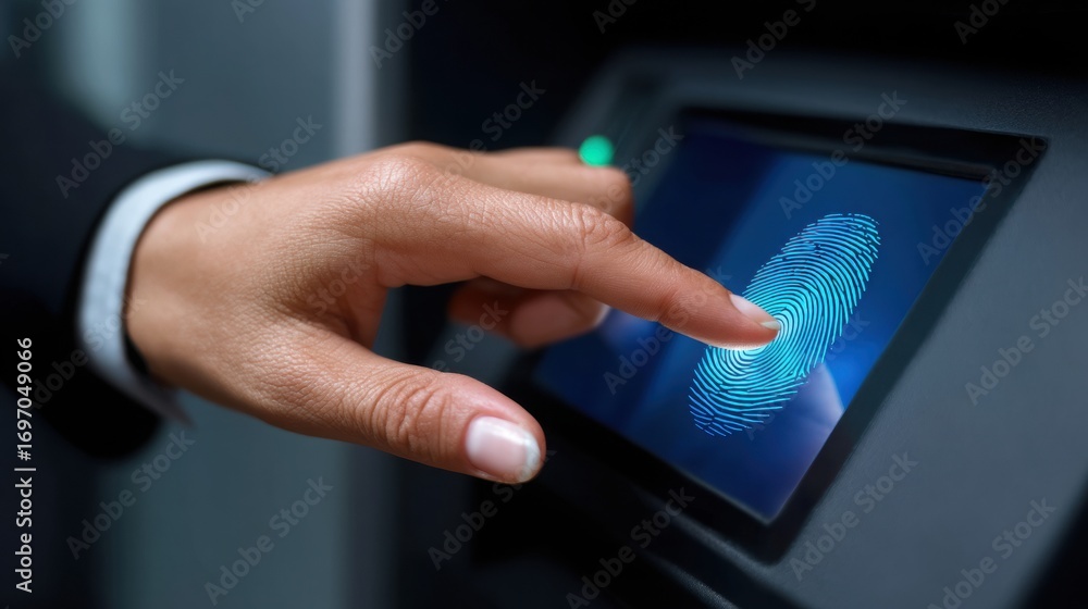 Aufkleber a hand interacting with a biometric fingerprint scanner, showcasing modern security technology and u