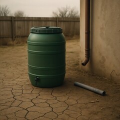 Green rain barrel on cracked ground in dry empty yard