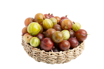 Gooseberries in wicker basket top view, PNG, isolated on transparent Background