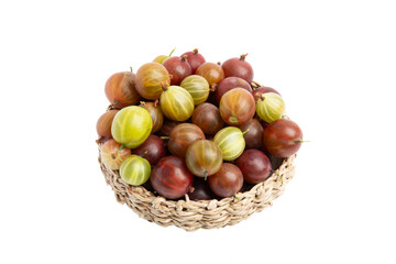 Gooseberries in a wicker basket, top view, PNG, isolated on transparent Background