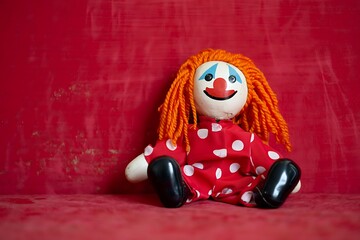 Vintage Clown Doll with Red Hair and Polka Dot Dress on Red Background