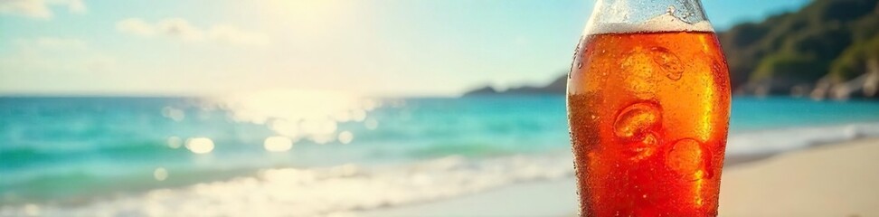 Ice-cold soda bottle with condensation, sun-drenched beach scene in background, vibrant summer vibes Perfect for refreshing beverage advertisement , heat, warm