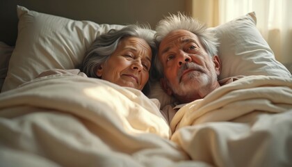 Elderly couple sharing bed in morning light. Grey-haired woman, man with beard rest comfortably under warm blankets. Close-up shows intimate bond, affection, peaceful togetherness in cozy home