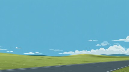 Fototapeta premium Serene Landscape with Green Fields Blue Sky and Road in Clear Weather