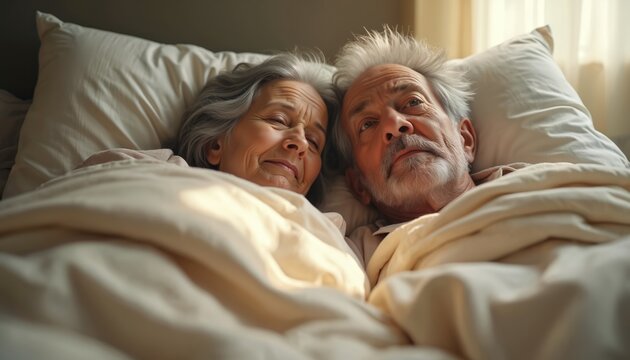 Elderly couple sharing bed in morning light. Grey-haired woman, man with beard rest comfortably under warm blankets. Close-up shows intimate bond, affection, peaceful togetherness in cozy home - Powered by Adobe