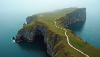 Secluded island features dramatic cliffs with cave entrance, winding path across green grassy terrain. Turquoise ocean water surrounds isolated landmass, suggesting remote, tranquil escape for