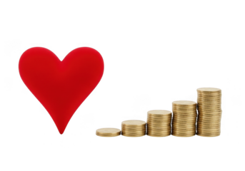 Red heart and growing stacks of coins isolated on transparent background, symbolizing financial growth and love for money