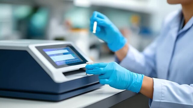 Molecular diagnostics specialists perform PCR testing using thermal cyclers and genetic sequencing equipment analyzing DNA samples for hereditary diseases and cancer biomarkers