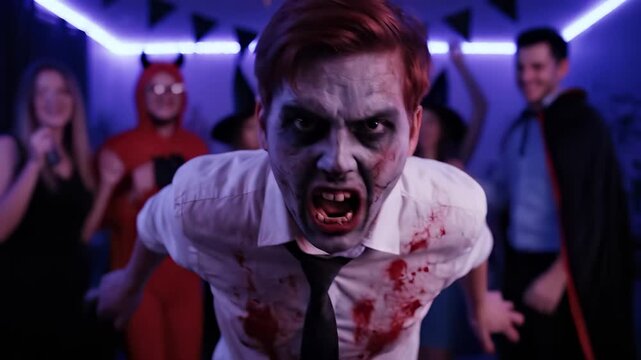 A zombie man yells at a Halloween party with friends in costume. A creepy shot of horror and suspense. Costume party, spooktacular celebration, fright night.