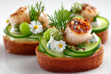 Canapé what looks like toasted rye or whole-grain bread, topped with vibrant green cream or purée, and garnished with sprig of fresh herbs.