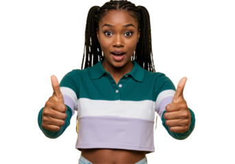 Excited young woman gives a double thumbs up and smiles with an amazed expression