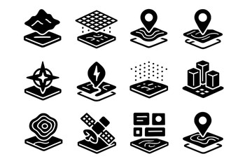 Overlay holographic map icon d floating interactive blocks navigation vector grid lines
