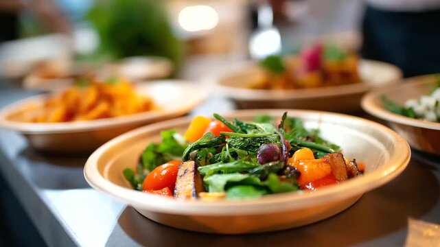 Sustainability summit zero waste lunch with locally sourced ingredients and compostable serving materials showcasing environmental responsibility in corporate hospitality settings