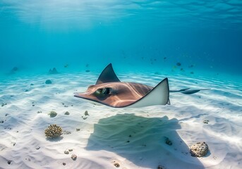 A majestic stingray glides gracefully through the shallow, crystal-clear turquoise waters of a tropical ocean, its shadow cast on the sandy seabed below