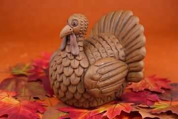 Ceramic Turkey Decoration on Autumn Leaves for Thanksgiving Holiday