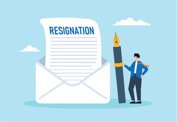 Flat illustration of professional businessman write resignation email with fountain pen career change quit job letter leave company
