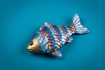 Iridescent Fish Sculpture on Teal Background Colorful Artistic and Decorative