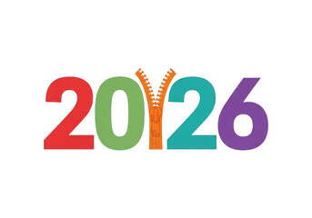 The numbers 2026 are displayed in colorful digits with a zipper in the middle, isolated on a transparent background