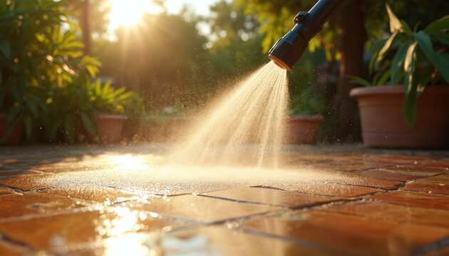 Power washing sunlit garden patio. High-pressure water jet cleans stone, brick, concrete, tile surfaces. Backyard maintenance project refreshes house exterior, bringing summer shine, spring care to
