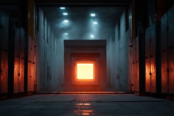 Industrial furnace glowing intensely in a dark factory corridor with smoke and blue ceiling lights.